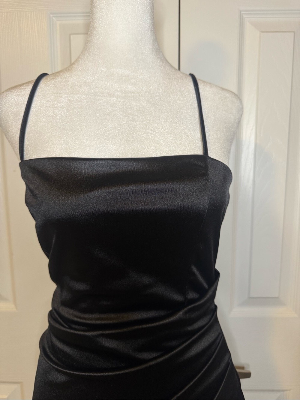Windsor Black Satin Ruched Bodycon Mini Dress Spaghetti Strap Party Dress - Picture 3 of 7